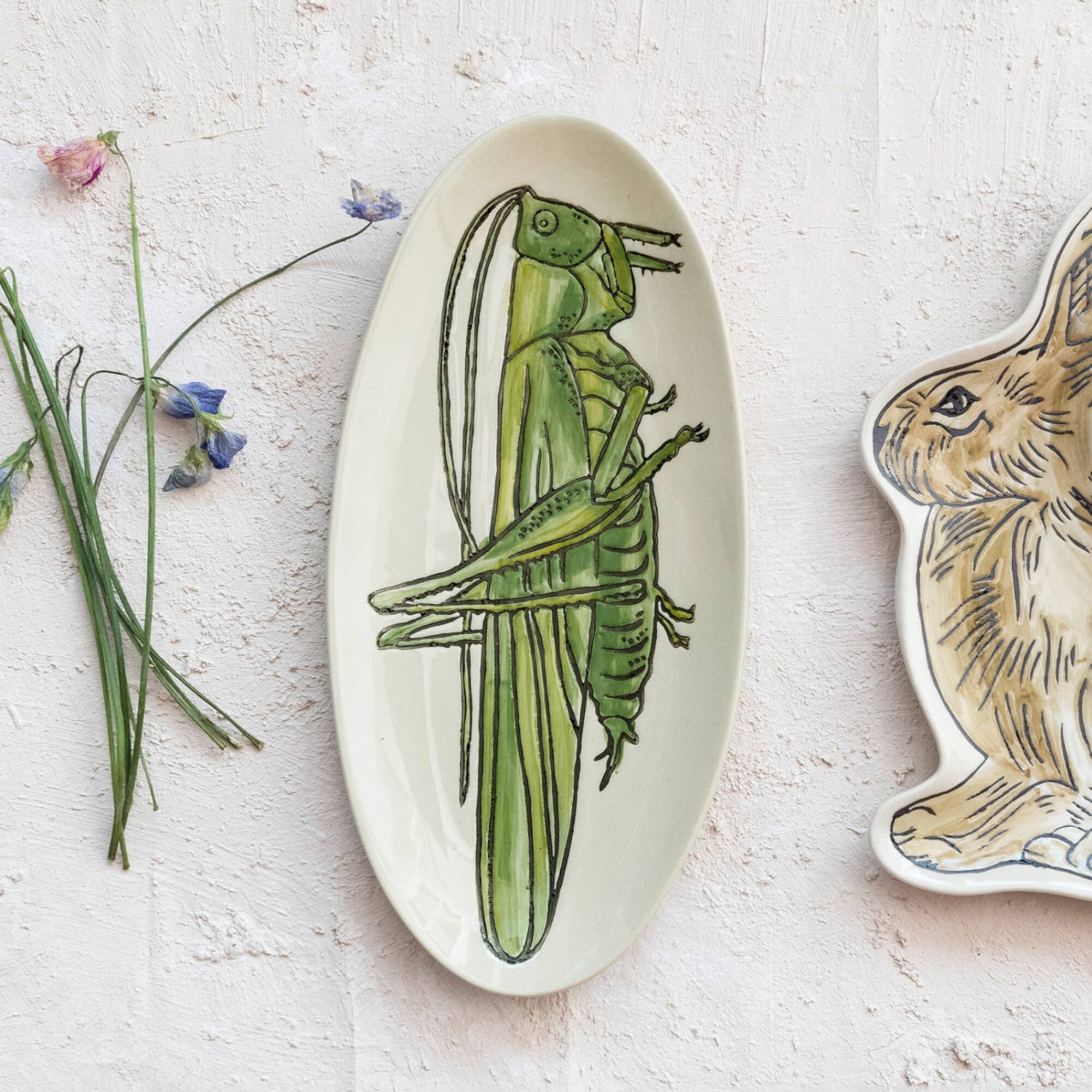 Hello Honey® 11.5" Green & White Hand-Painted Grasshopper Stoneware Plate